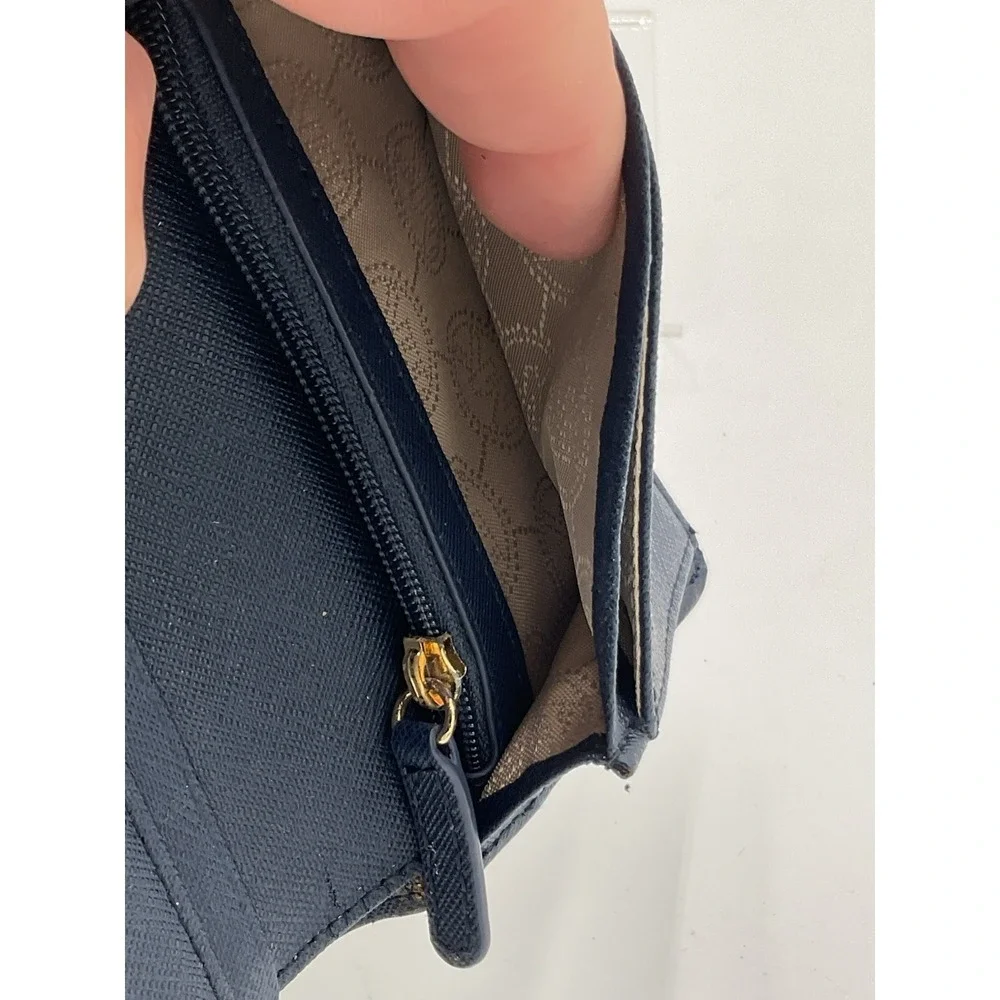 Michael Kors Navy Bifold Wallet w/ Zip Coin Pocket, ID Window & Logo Accents